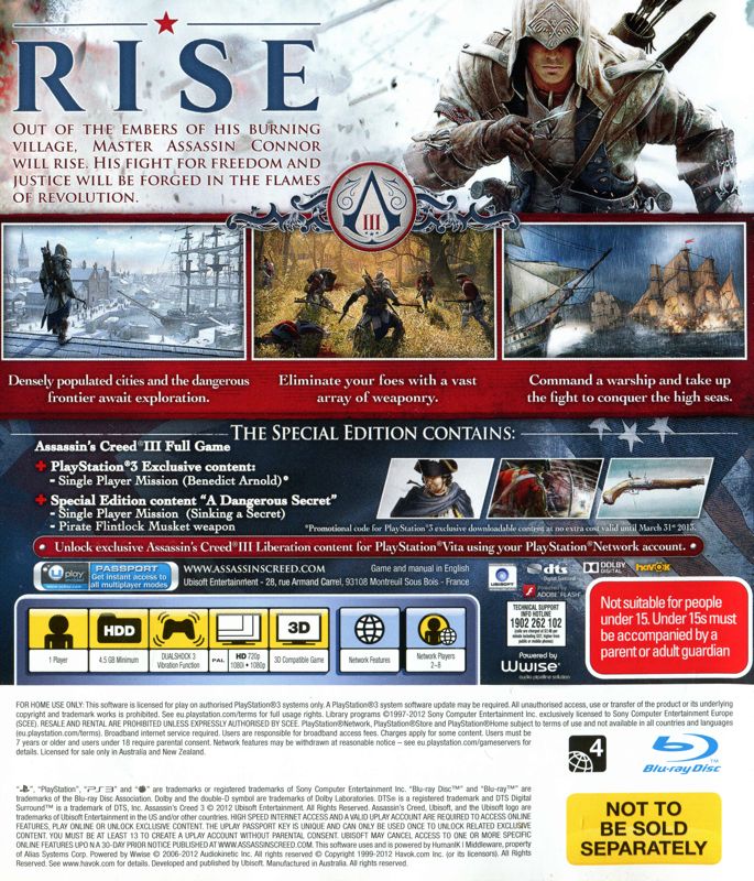 Back Cover for Assassin's Creed III (Special Edition) (PlayStation 3) (Bundled release)