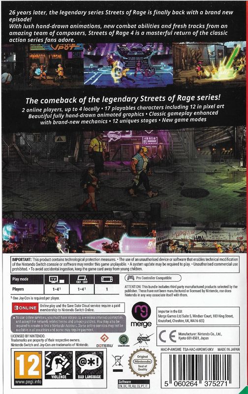 Back Cover for Streets of Rage 4 (Nintendo Switch)