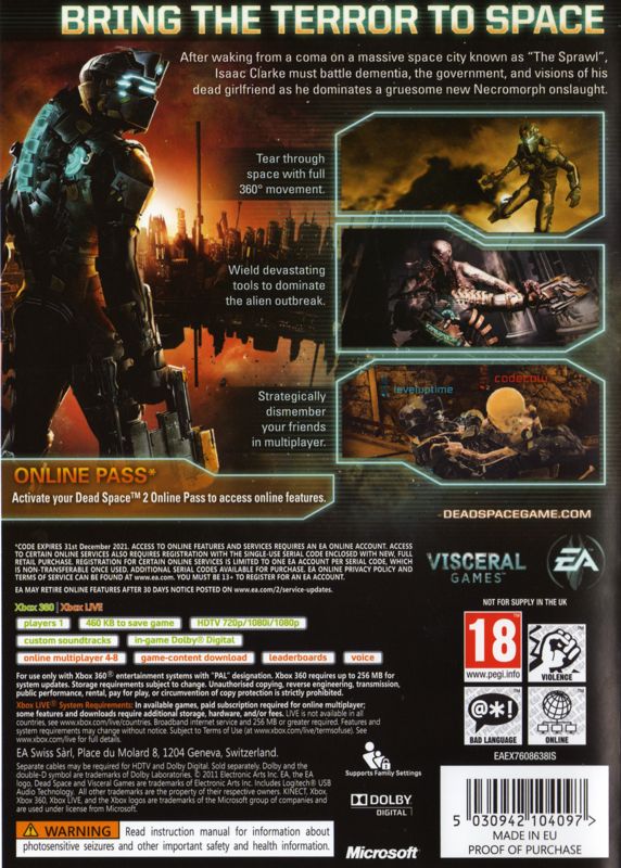 Back Cover for Dead Space 2 (Xbox 360) (Classics release)