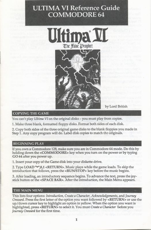Reference Card for Ultima VI: The False Prophet (Commodore 64)