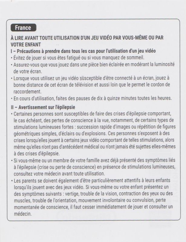 Extras for Fire Emblem: Three Houses (Limited Edition) (Nintendo Switch): Health Information Flyer (French) - Front