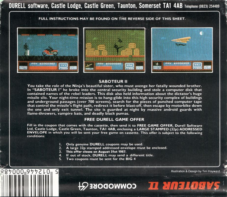 Back Cover for Saboteur II (Commodore 64)