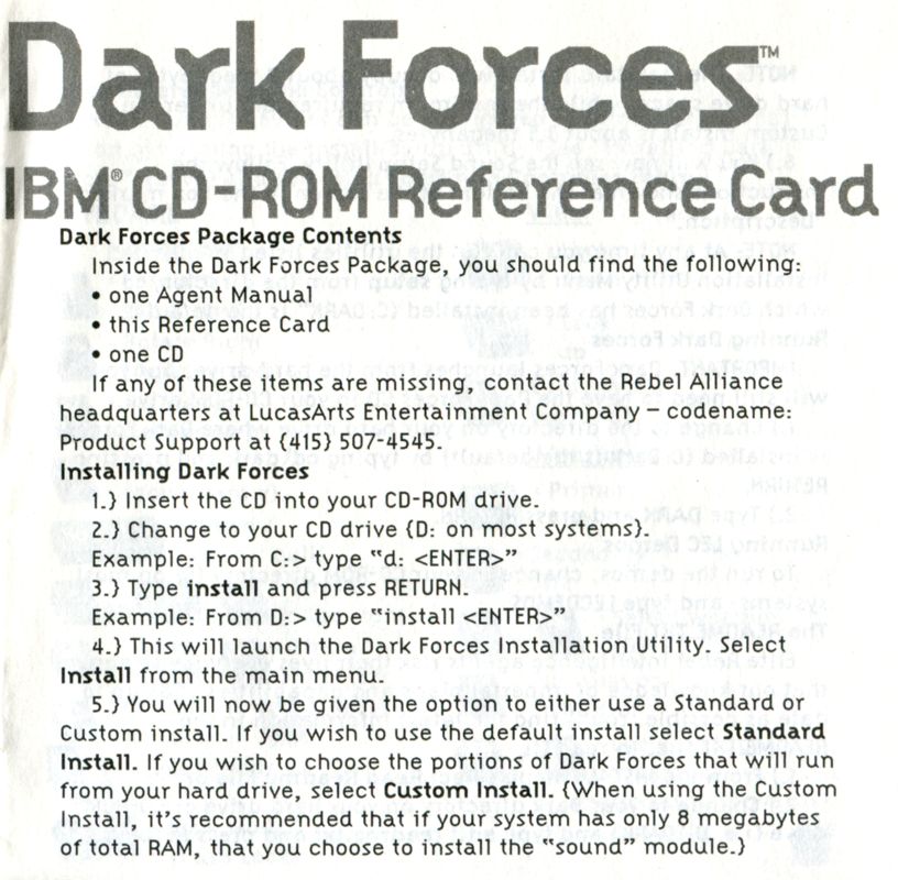 Reference Card for Star Wars: Dark Forces (DOS): Front
