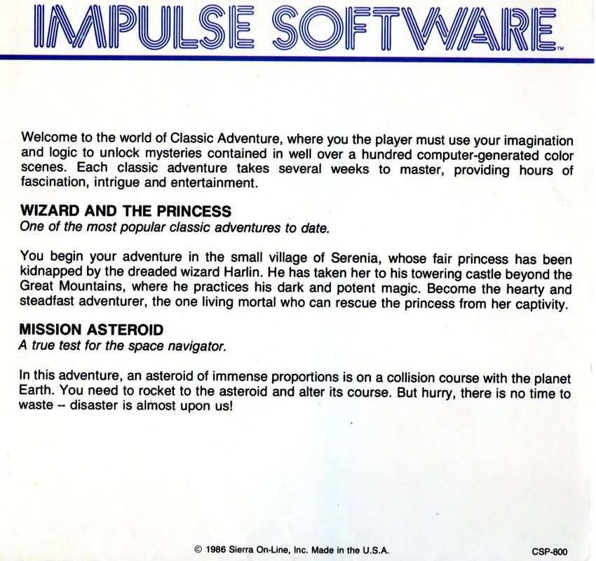Back Cover for Mission Asteroid & Wizard and the Princess (Commodore 64)
