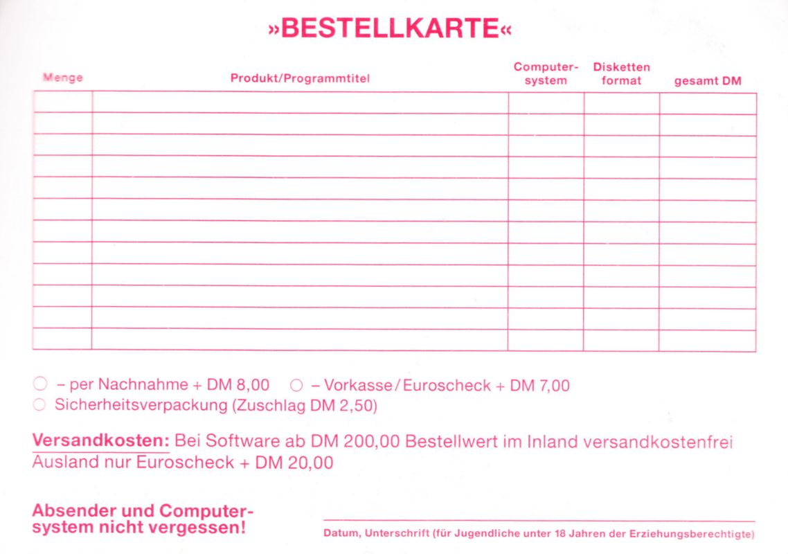 Extras for Starflight 2: Trade Routes of the Cloud Nebula (Amiga): Order Card - Back