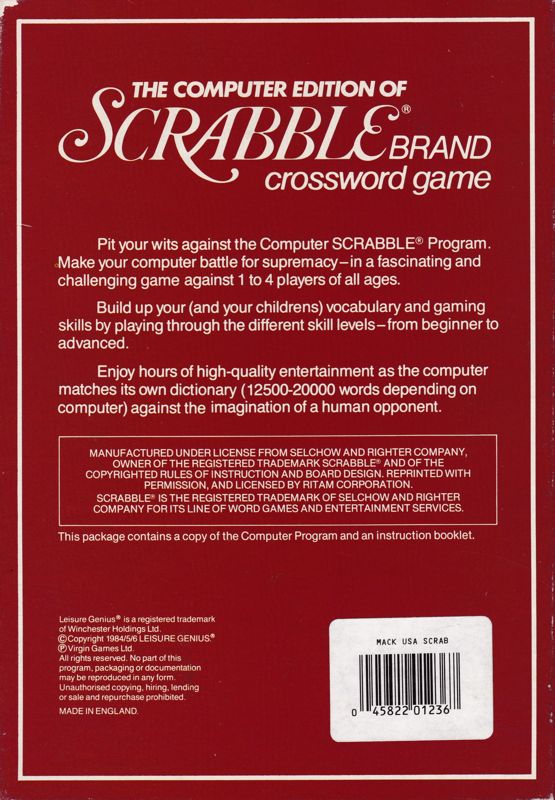 Back Cover for The Computer Edition of Scrabble Brand Crossword Game (Macintosh) (EAD release)