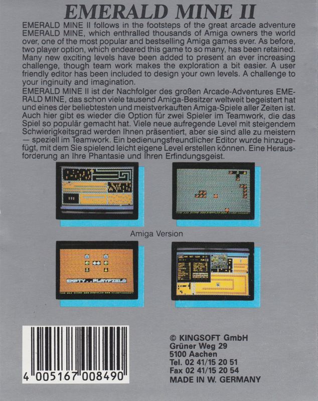 Inside Cover for Emerald Mine II (Amiga): Back Side