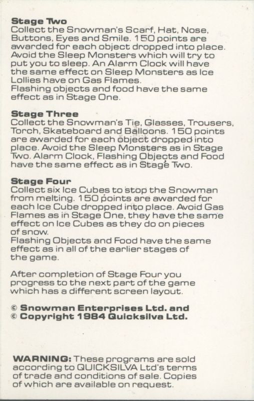 Inside Cover for The Snowman (ZX Spectrum)