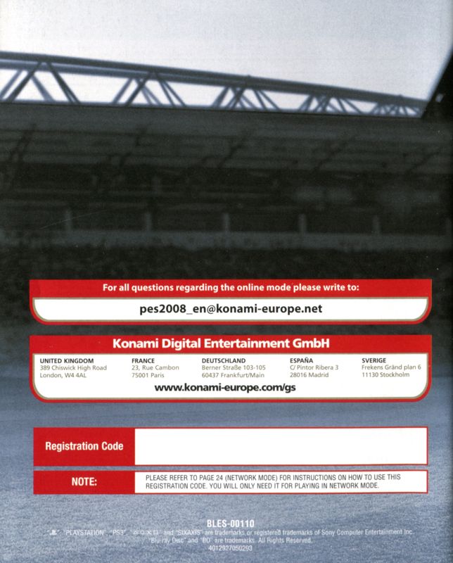 Manual for PES 2008: Pro Evolution Soccer (PlayStation 3): Back