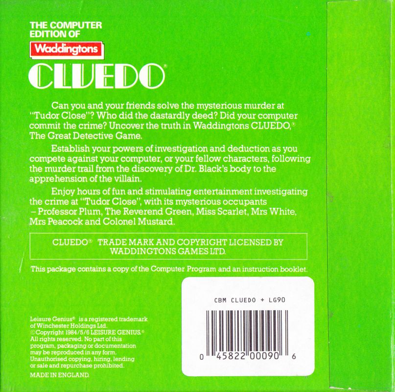 Back Cover for Cluedo (Commodore 64) (Cassette release)