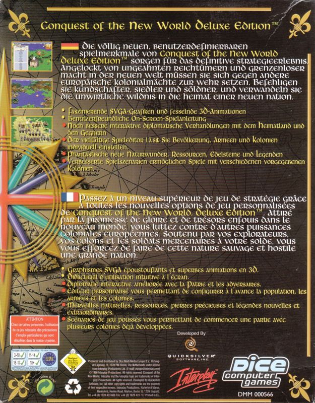 Back Cover for Conquest of the New World: Deluxe Edition (DOS) (Dice Multimedia release)