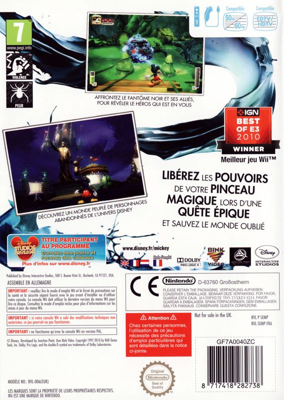 Back Cover for Disney Epic Mickey (Wii)