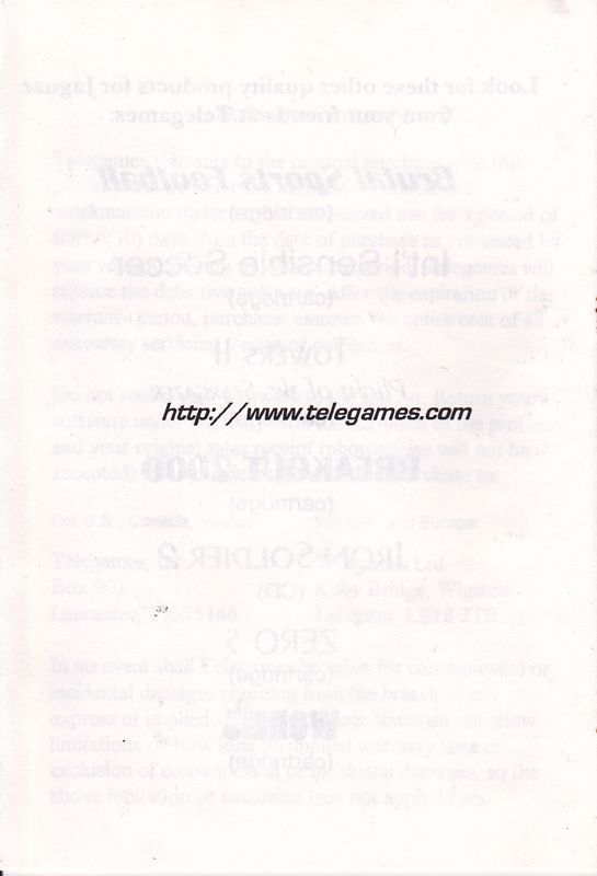 Manual for World Tour Racing (Jaguar): Back