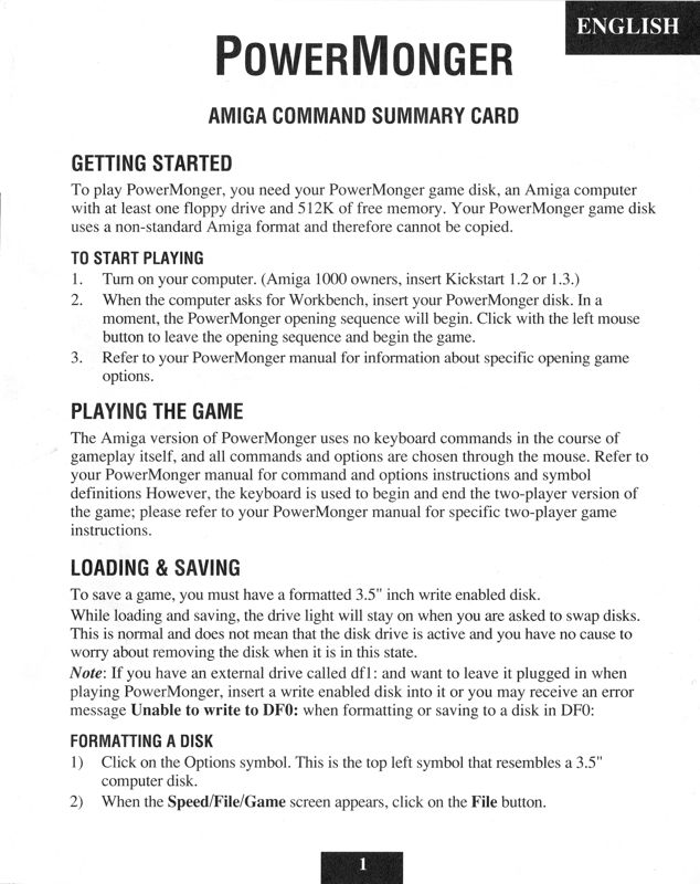 Manual for PowerMonger (Amiga): Command Summary - Front