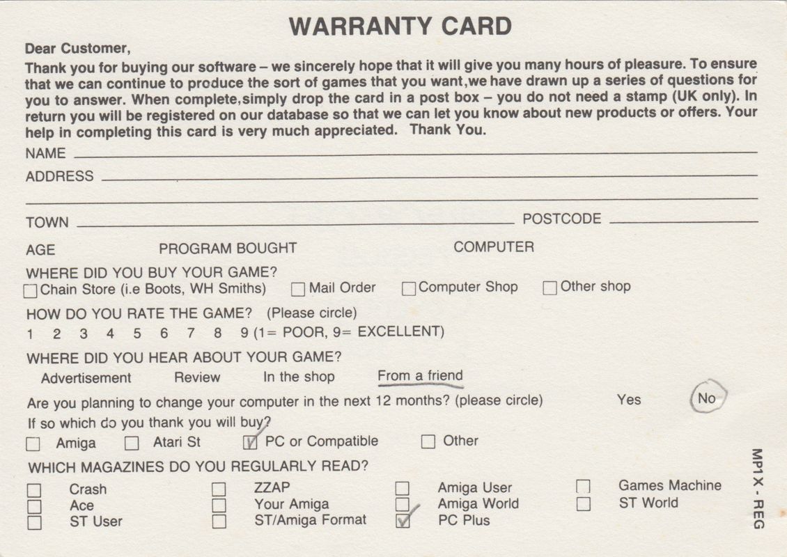 Other for Final Frontier (DOS): Registration Card - Front