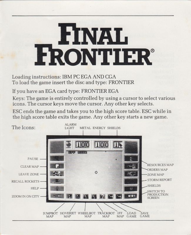 Reference Card for Final Frontier (DOS)