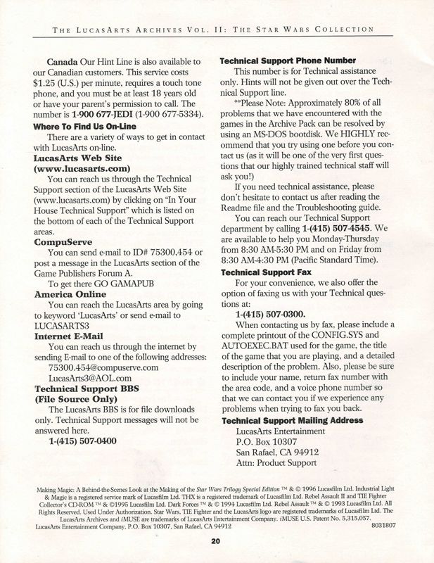 Extras for The LucasArts Archives: Vol. II - Star Wars Collection (DOS and Windows): Troubleshooting Guide - Back