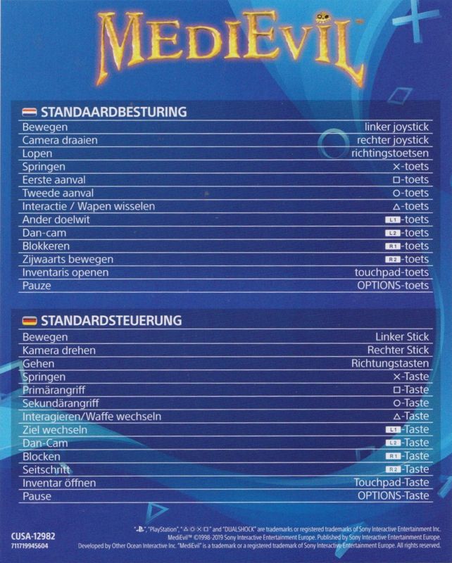 Reference Card for MediEvil (PlayStation 4): Dutch/German