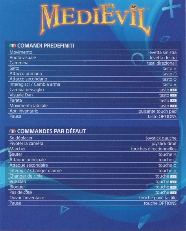 Reference Card for MediEvil (PlayStation 4): French/Italian