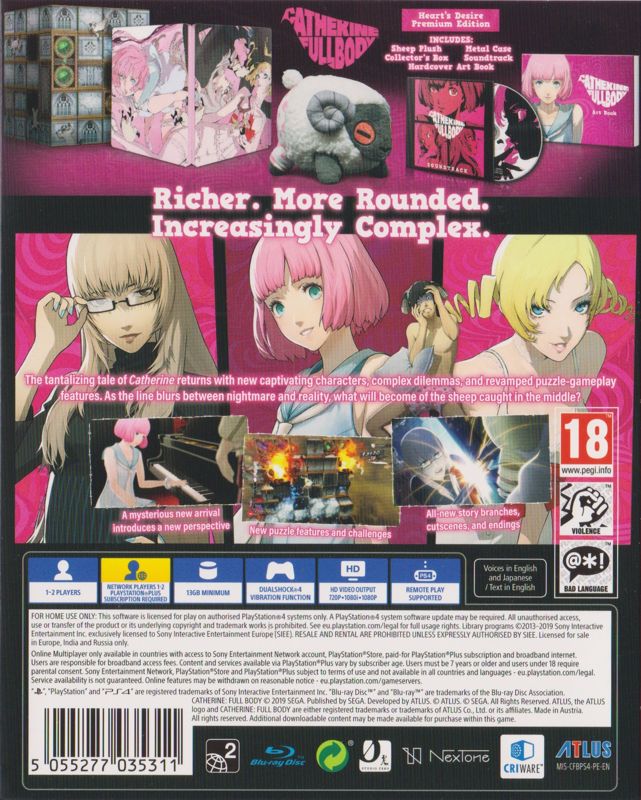 Back Cover for Catherine: Full Body (Heart's Desire Premium Edition) (PlayStation 4) (Sleeved Box)