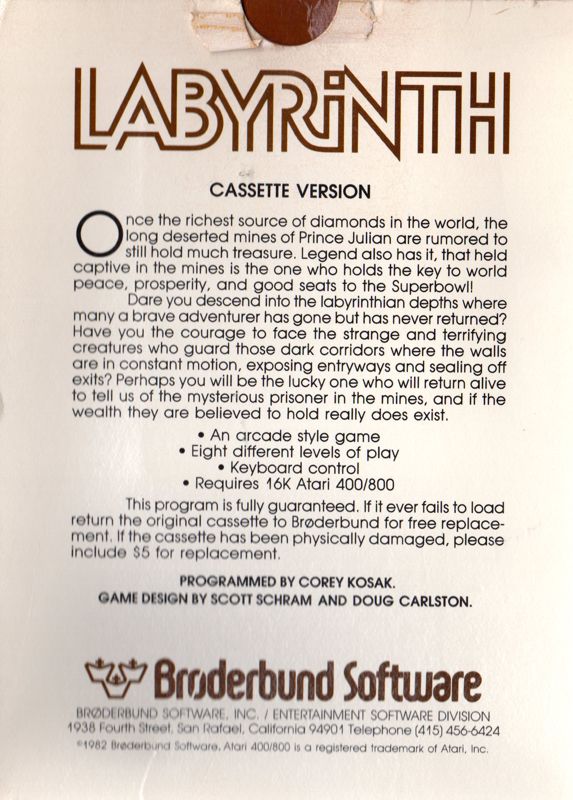 Back Cover for Labyrinth (Atari 8-bit) (Boxed Atari Version)