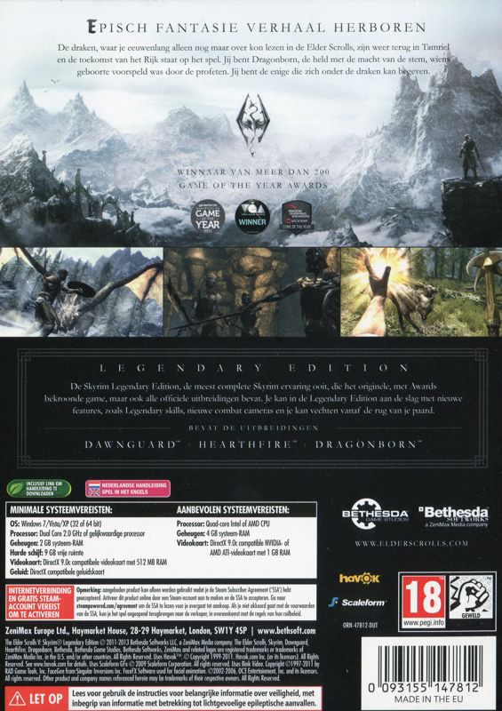Back Cover for The Elder Scrolls V: Skyrim - Legendary Edition (Windows)