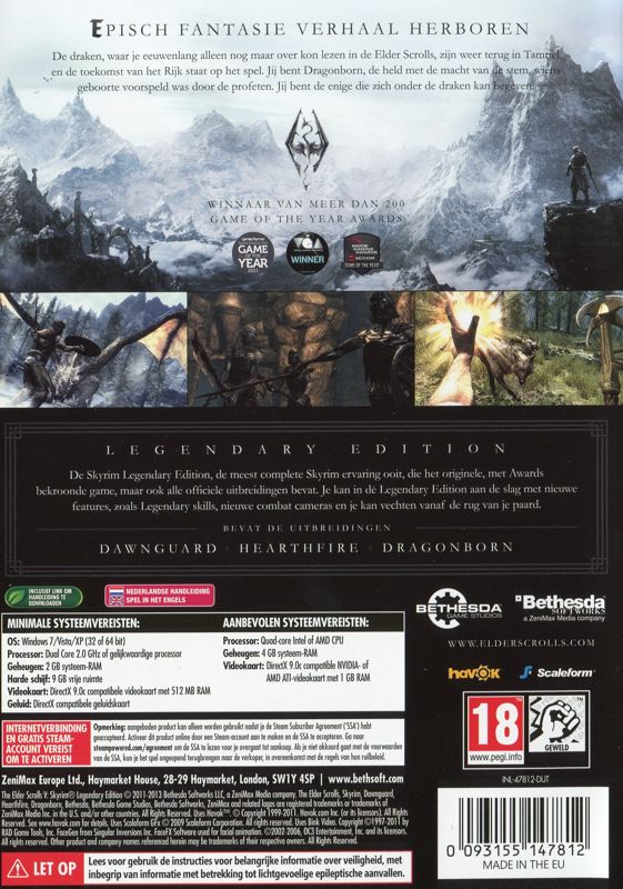 Other for The Elder Scrolls V: Skyrim - Legendary Edition (Windows): Keep Case - Back Cover