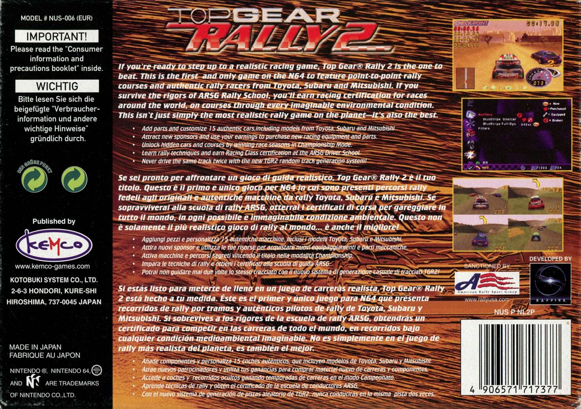 Back Cover for Top Gear Rally 2 (Nintendo 64) (The rating sticker in the right side is exclusive to Australia.)