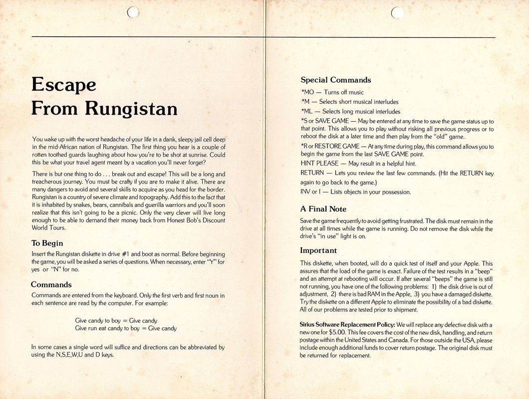 Inside Cover for Escape from Rungistan (Apple II)
