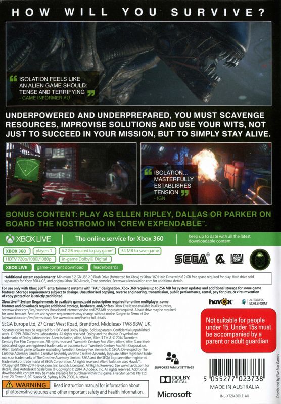 Back Cover for Alien: Isolation - Nostromo Edition (Xbox 360)