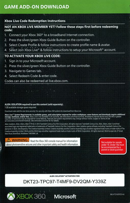Extras for Alien: Isolation - Nostromo Edition (Xbox 360): DLC flyer - back
