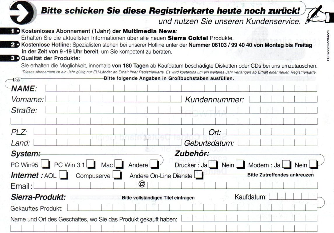 Other for Phantasmagoria: A Puzzle of Flesh (Windows) (English version with German manual): Registration Card - Back