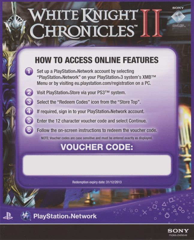 Other for White Knight Chronicles II (PlayStation 3): Online Pass (Front)