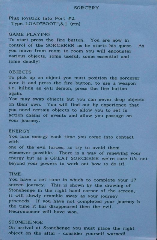 Manual for Sorcery (Commodore 64)