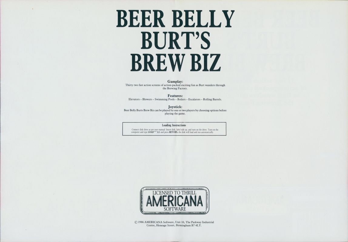 Inside Cover for Beer Belly Burt's Brew Biz (Commodore 64)