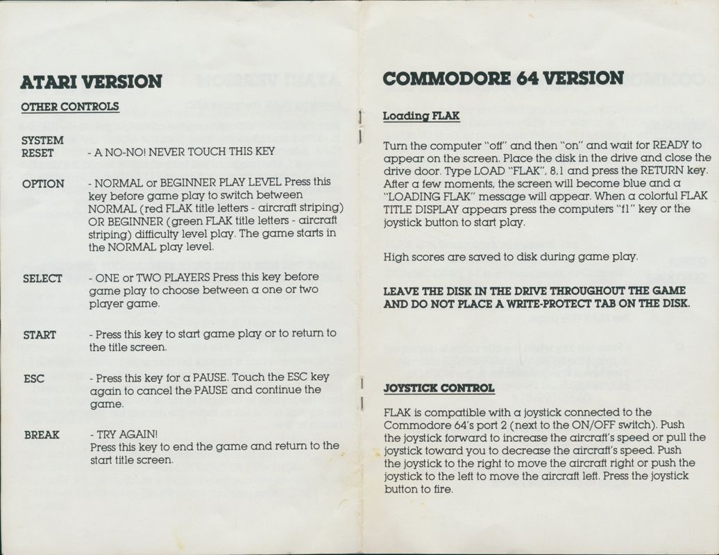 Manual for Flak: The Ultimate Flight Experience (Commodore 64): Pages 3+4