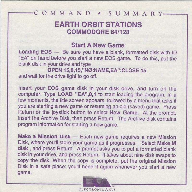 Reference Card for Earth Orbit Stations (Commodore 64)