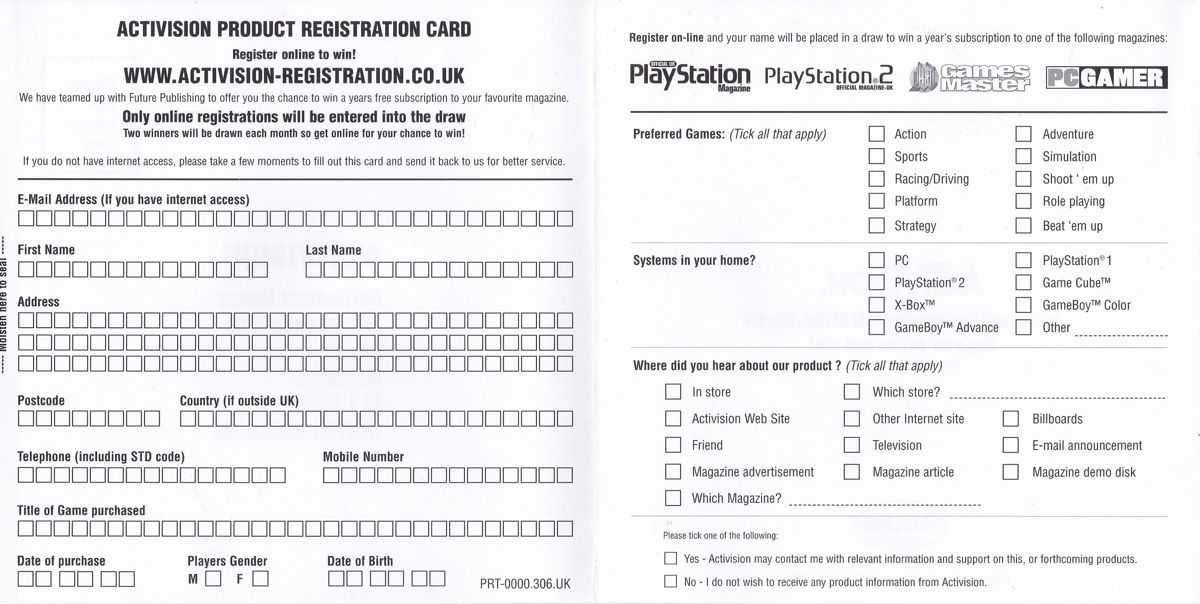Extras for Tony Hawk's Pro Skater 3 (Windows): Fold-over Registration Card - Inner