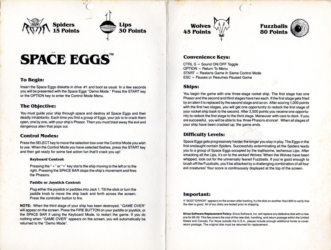 Inside Cover for Space Eggs (Atari 8-bit)