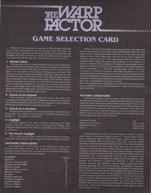 Reference Card for The Warp Factor (Apple II): Game Selection Card