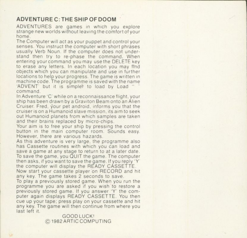 Inside Cover for Adventure C (ZX Spectrum)