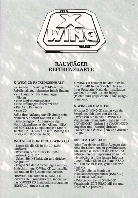 Reference Card for Star Wars: X-Wing - Collector's CD-ROM (DOS): Front