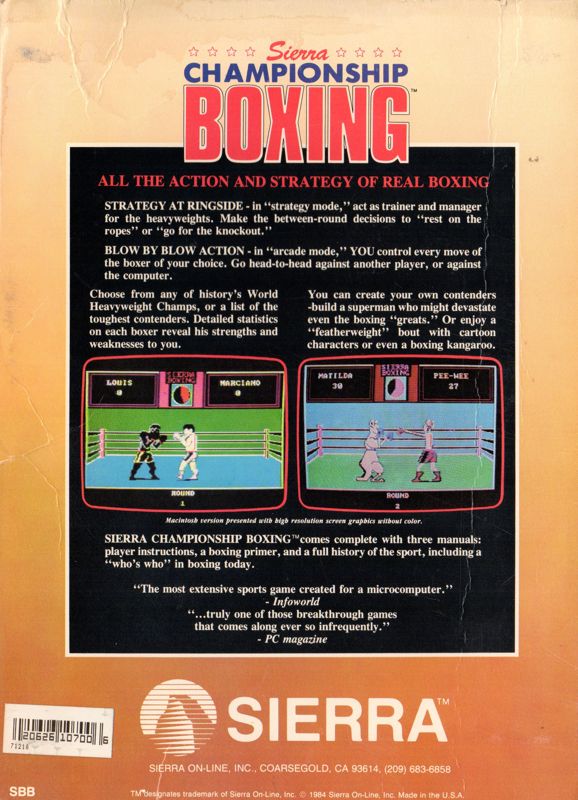 Back Cover for Sierra Championship Boxing (Apple II)