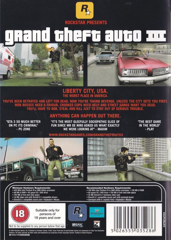Back Cover for Grand Theft Auto III (Windows) (Release with BBFC rating)