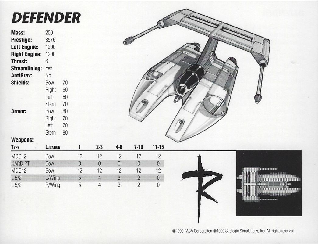 Extras for Renegade Legion: Interceptor (DOS) (3.5" floppy release): Ship Profile Card - Defender