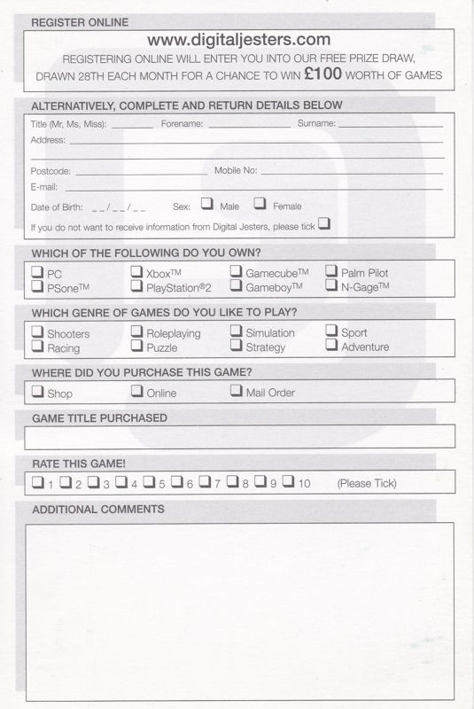 Extras for Freedom Force vs The 3rd Reich (Windows): Registration Card - Back