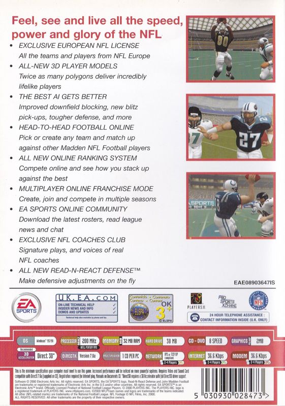 Back Cover for Madden NFL 2001 (Windows) (EA Classics release)