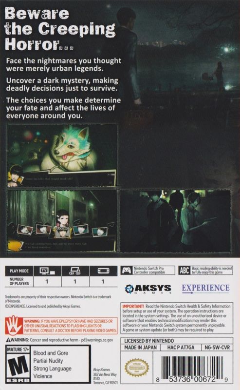 Back Cover for Spirit Hunter: NG (Nintendo Switch)