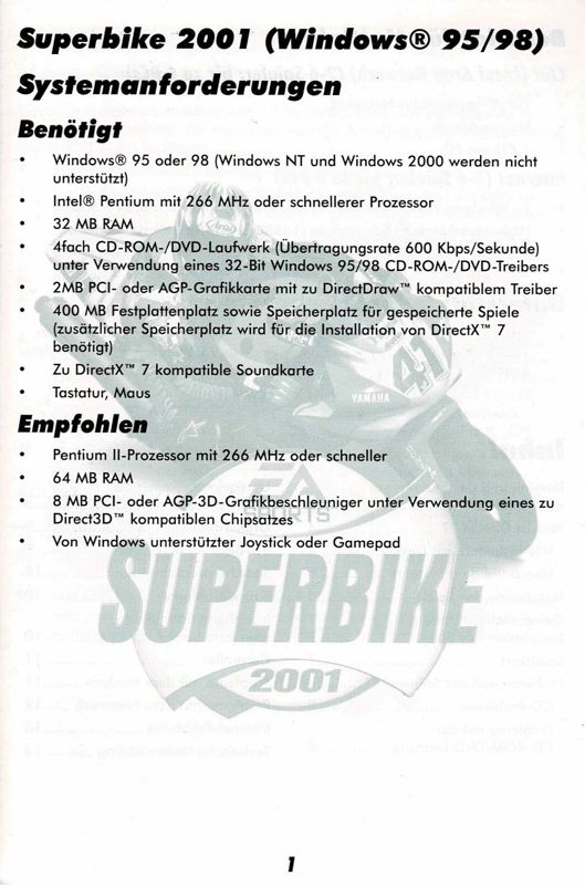 Reference Card for Superbike 2001 (Windows): Front