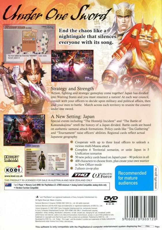 Back Cover for Samurai Warriors 2: Empires (PlayStation 2)